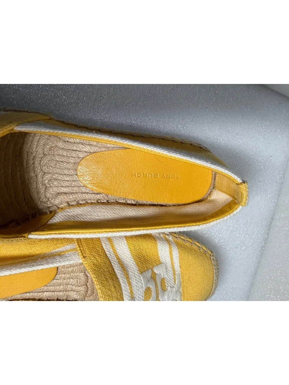 Tory Burch Double T Jacquard Espadrilles Yellow Ivory Logo Flats Size 9M